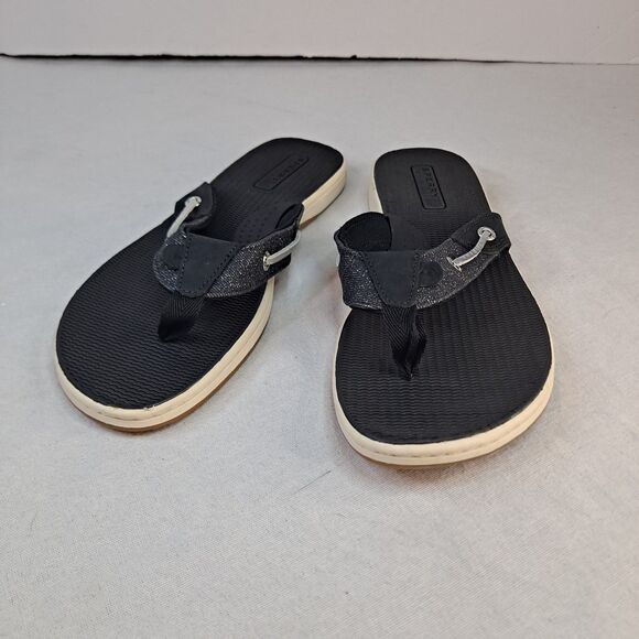 Sperry Shoes - Sperry Seafish Flip Flop STS87295 Womens 10M Black Leather/Fabric Thong Sandals
